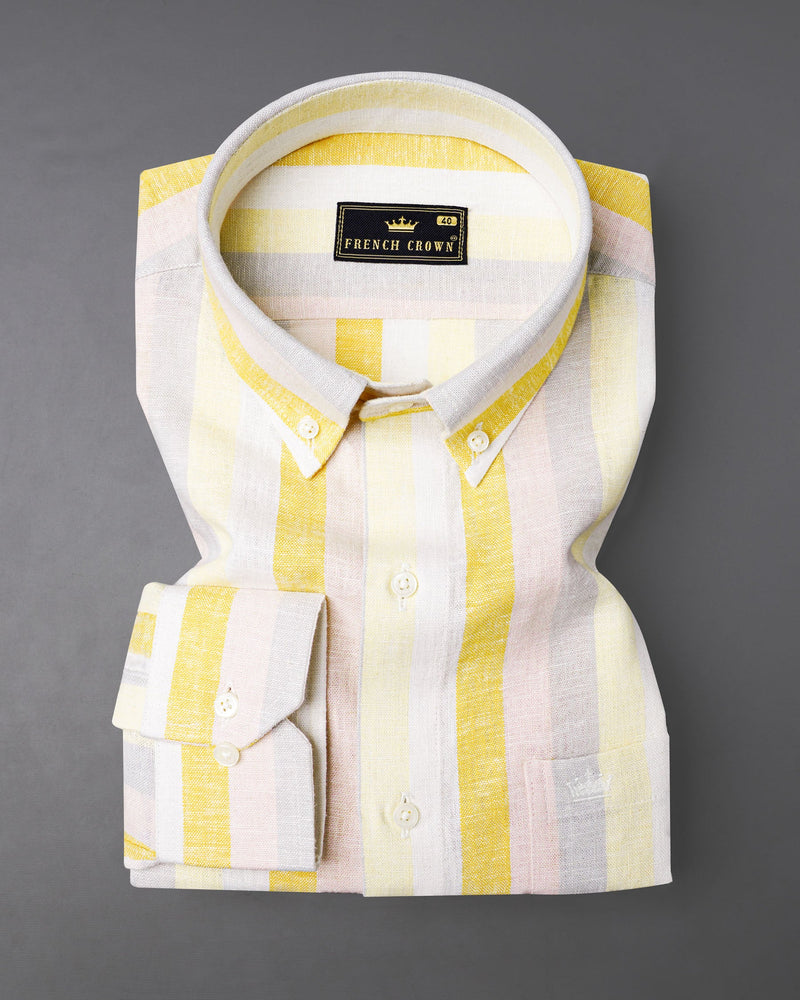 Soft Peach Pink and Jasmine Yellow Striped Luxurious Linen Shirt