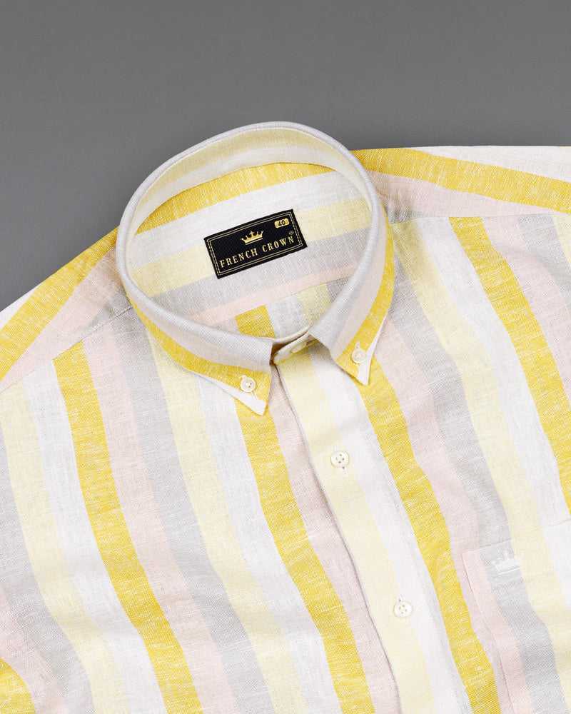 Soft Peach Pink and Jasmine Yellow Striped Luxurious Linen Shirt