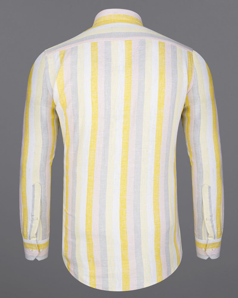 Soft Peach Pink and Jasmine Yellow Striped Luxurious Linen Shirt