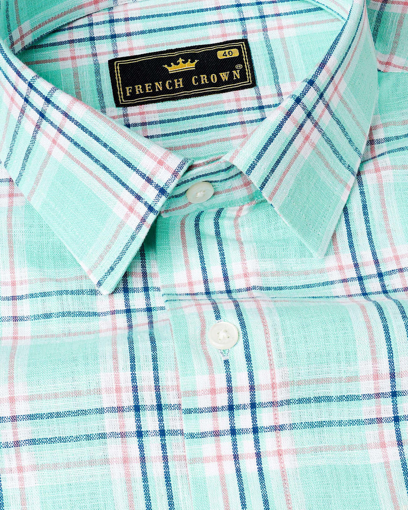 Cruise Aqua Sea Green With Astronaut Blue Plaid Luxurious Linen Shirt