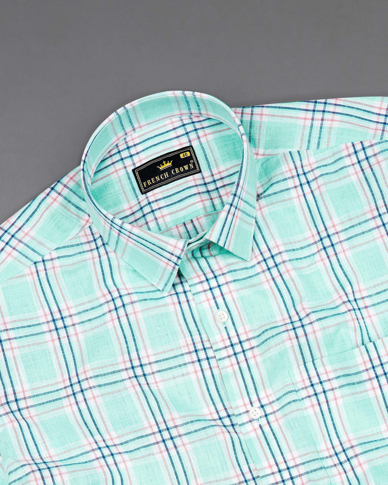 Cruise Aqua Sea Green With Astronaut Blue Plaid Luxurious Linen Shirt