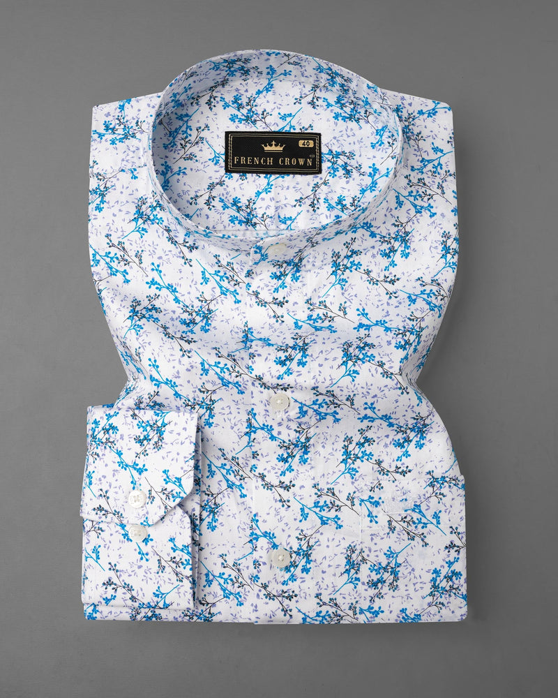 Bright White with Mackerel Blue Ditsy Printed Super Soft Premium Cotton Shirt