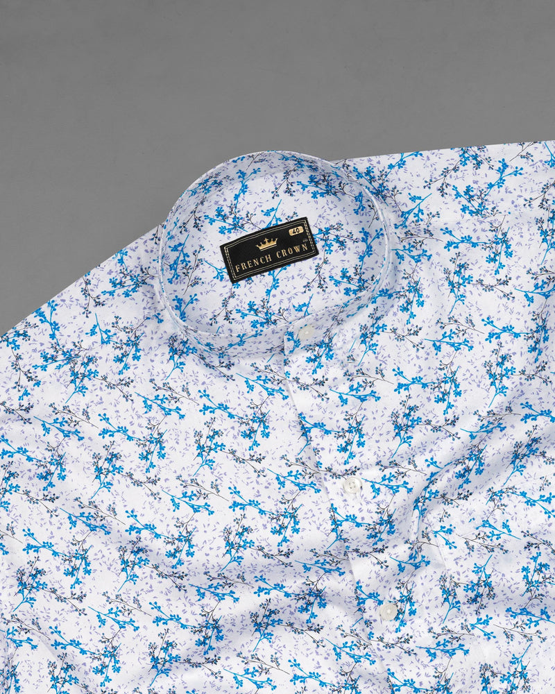 Bright White with Mackerel Blue Ditsy Printed Super Soft Premium Cotton Shirt