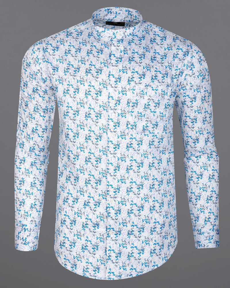 Bright White with Mackerel Blue Ditsy Printed Super Soft Premium Cotton Shirt
