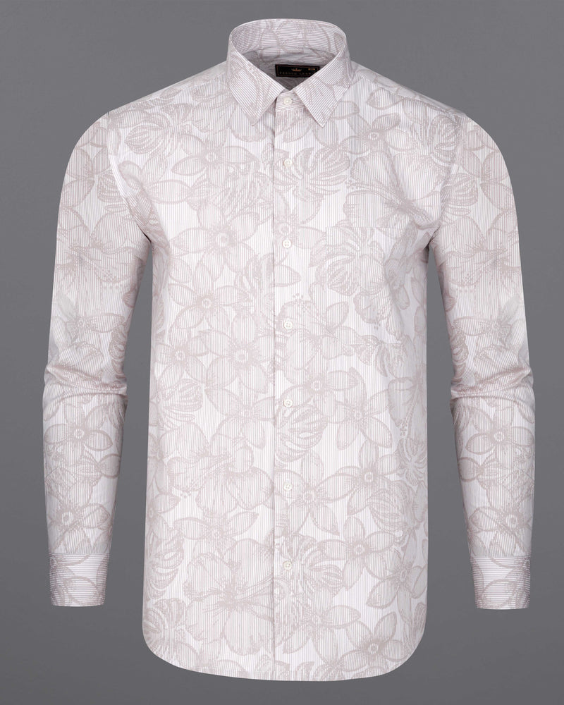 Pale Slate Brown and White Floral Printed Premium Cotton Shirt