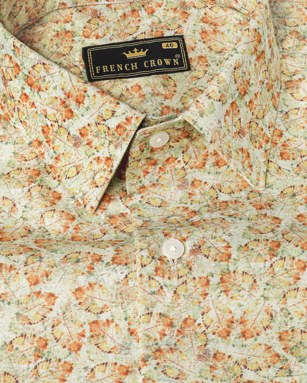 Periglacial Cream with Tuscany Brown and Coriander Green Printed Luxurious Linen Shirt