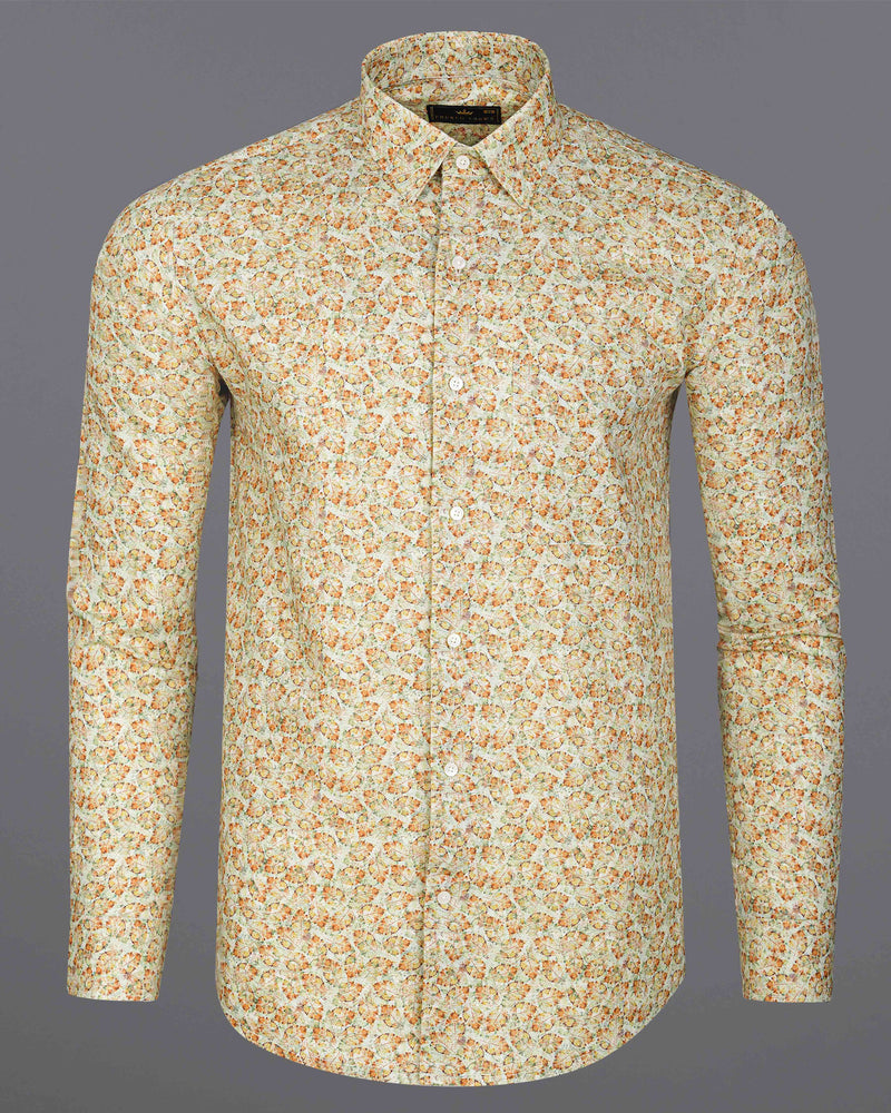 Periglacial Cream with Tuscany Brown and Coriander Green Printed Luxurious Linen Shirt