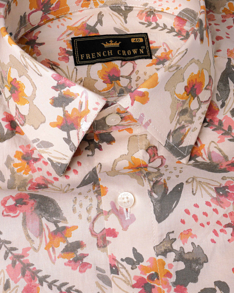 Ruddy Pink and Bizarre Cream Floral Printed Premium Cotton Designer Shirt