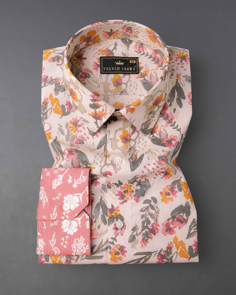 Ruddy Pink and Bizarre Cream Floral Printed Premium Cotton Designer Shirt