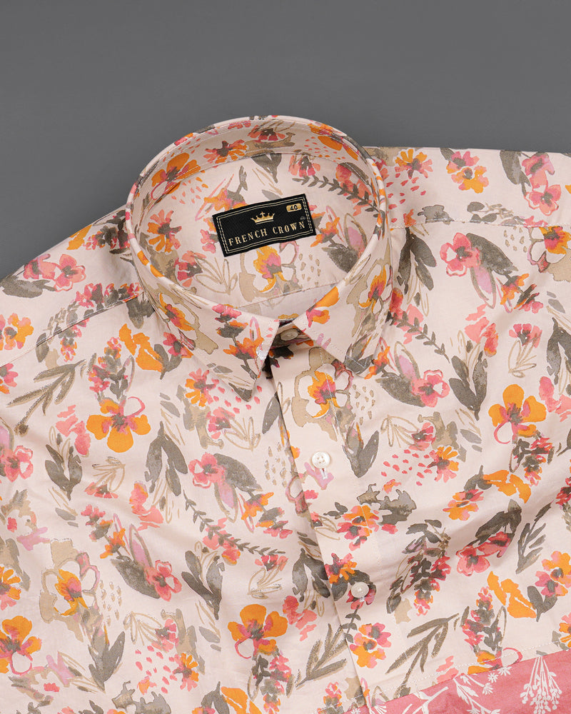 Ruddy Pink and Bizarre Cream Floral Printed Premium Cotton Designer Shirt