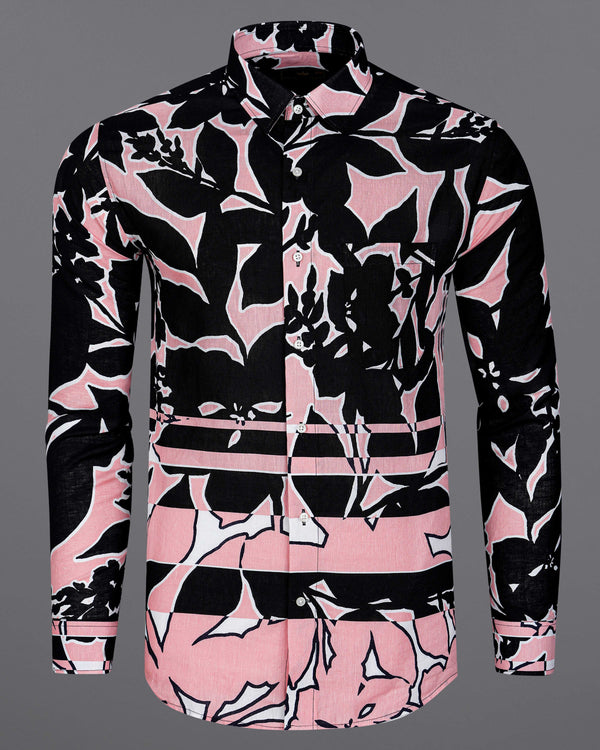 Chantilly Pink and Jade Black Abstract Printed Luxurious Linen Shirt