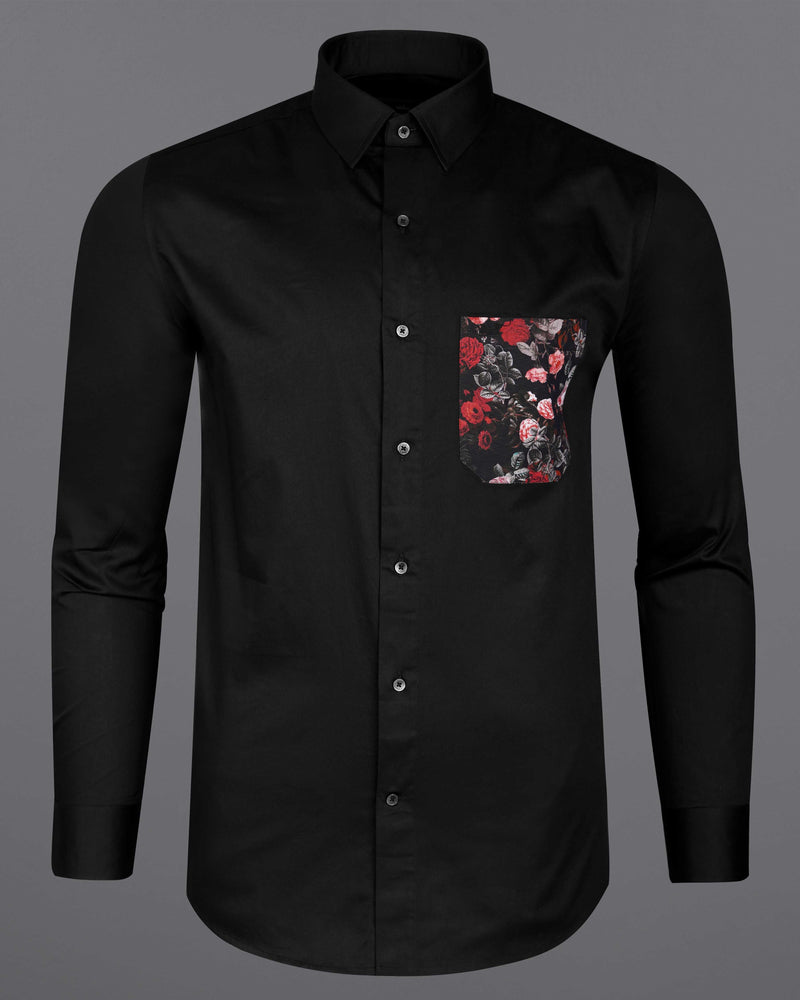 Jade Black with Floral Printed Pocket Super Soft Premium Cotton Designer Shirt