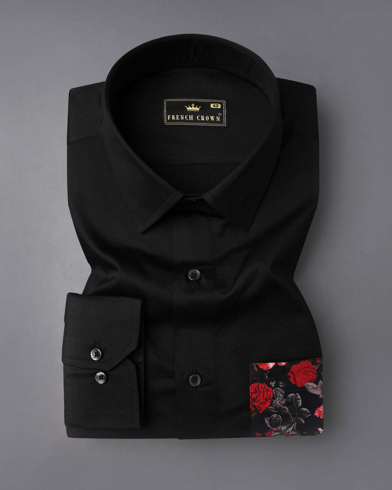 Jade Black with Floral Printed Pocket Super Soft Premium Cotton Designer Shirt