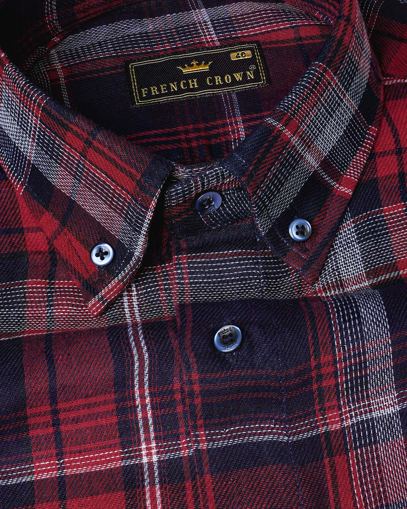 Cinder Navy Blue and Stiletto Red Twill Plaid Premium Cotton Shirt