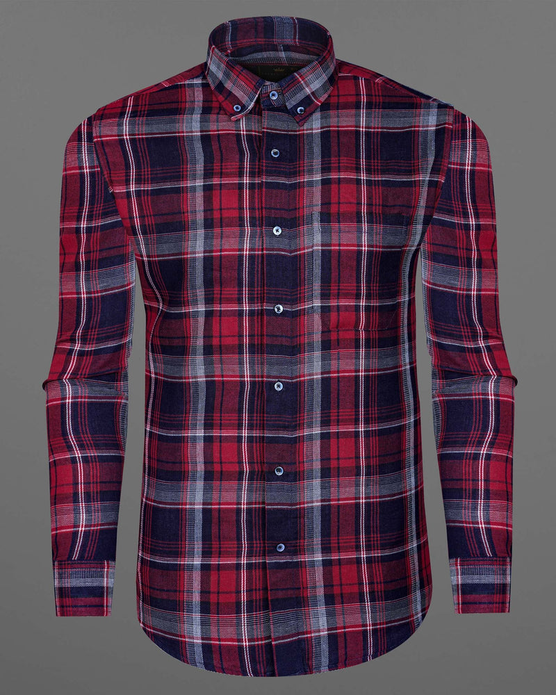 Cinder Navy Blue and Stiletto Red Twill Plaid Premium Cotton Shirt