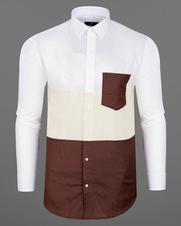 Bistre Brown with Periglacial Cream and White Luxurious Linen Designer Block Pattern Shirt