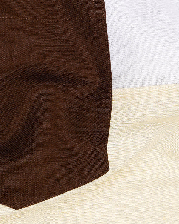 Bistre Brown with Periglacial Cream and White Luxurious Linen Designer Block Pattern Shirt