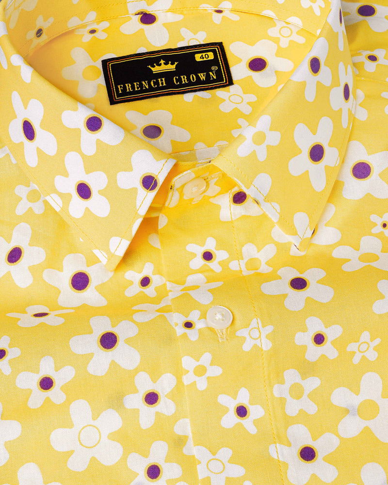 Arylide Yellow Floral Printed Premium Cotton Shirt