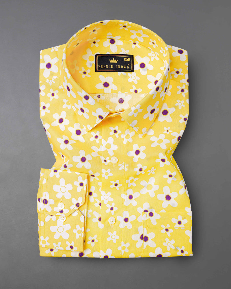 Arylide Yellow Floral Printed Premium Cotton Shirt