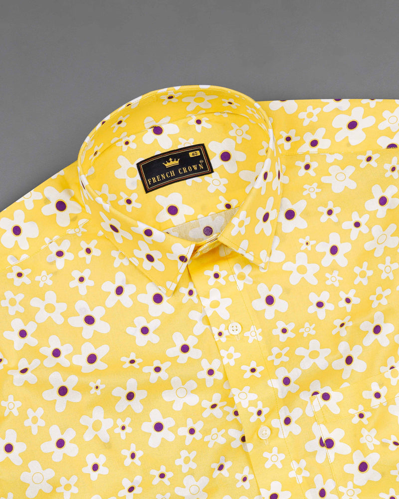 Arylide Yellow Floral Printed Premium Cotton Shirt