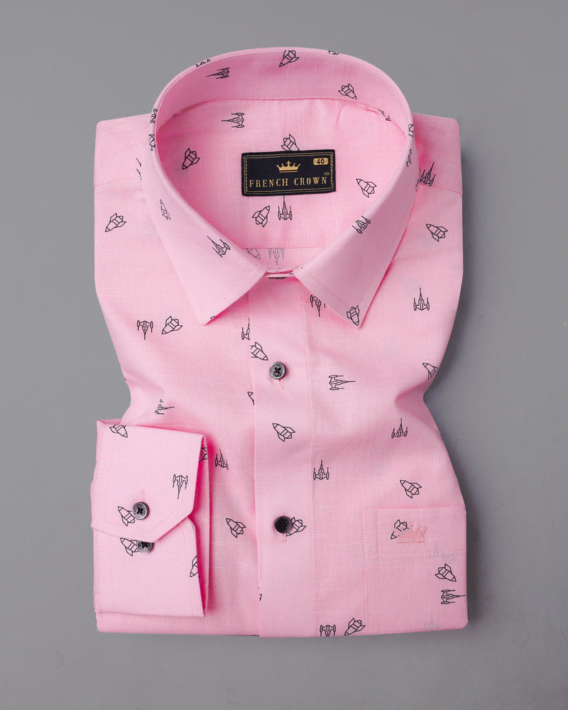 Melanie Pink Printed Premium Giza Cotton Chambray Shirt
