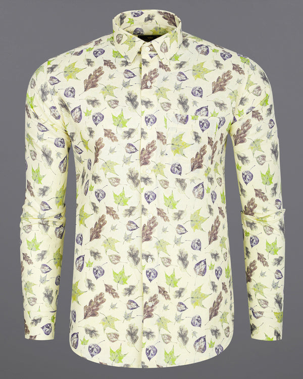 Wheatfield Beige Multicolour Leaves Printed Luxurious Linen Shirt