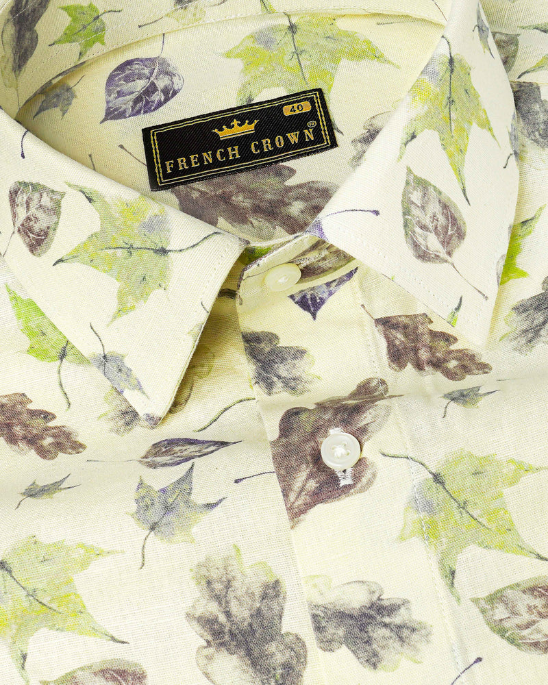 Wheatfield Beige Multicolour Leaves Printed Luxurious Linen Shirt