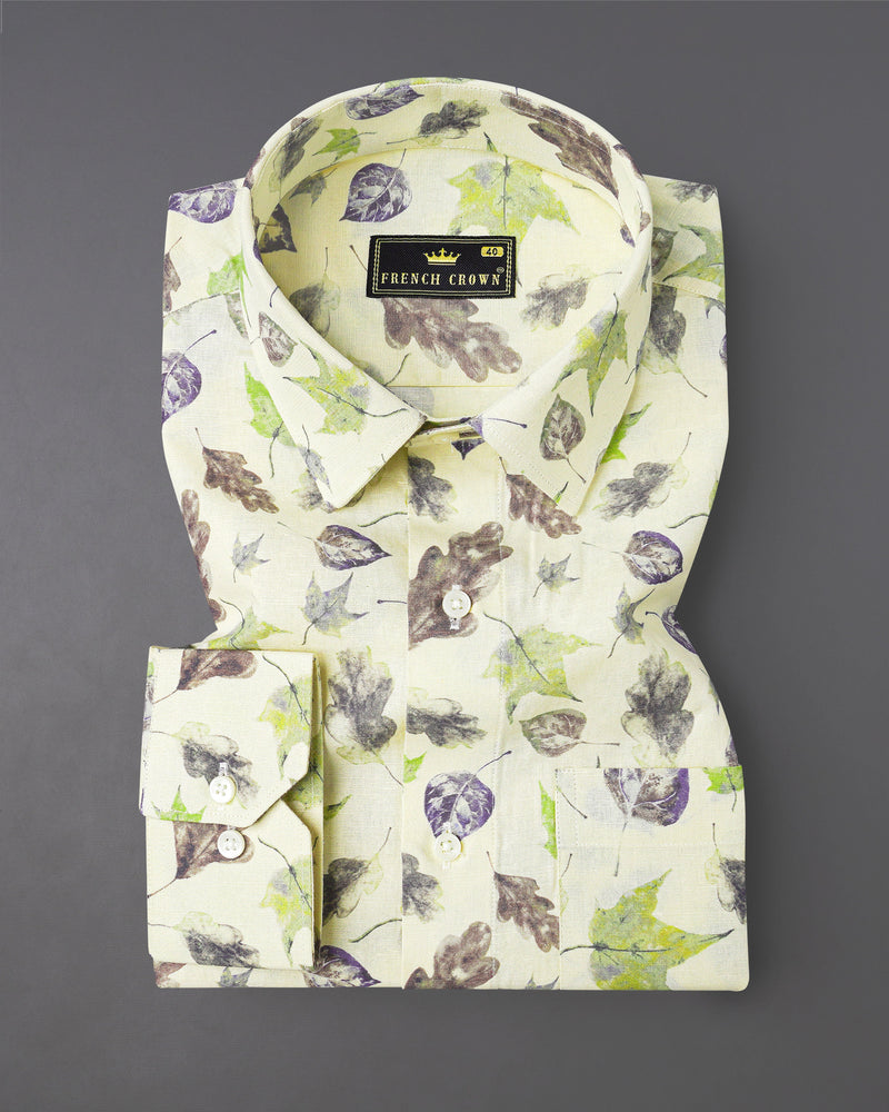 Wheatfield Beige Multicolour Leaves Printed Luxurious Linen Shirt