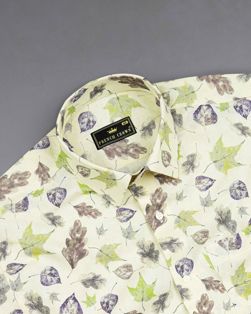 Wheatfield Beige Multicolour Leaves Printed Luxurious Linen Shirt