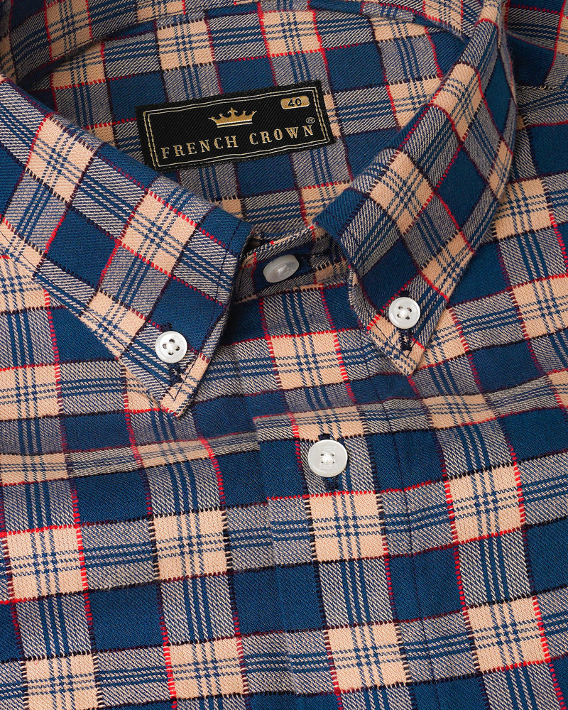 Tarawera Navy Blue with Tequila Light Brown Plaid Dobby Textured Premium Giza Cotton Shirt