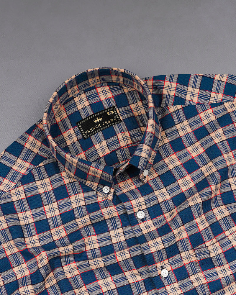 Tarawera Navy Blue with Tequila Light Brown Plaid Dobby Textured Premium Giza Cotton Shirt