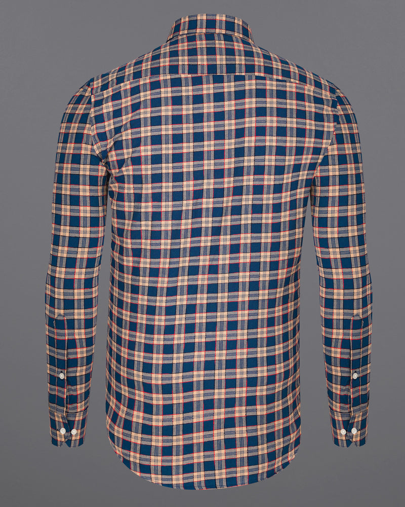 Tarawera Navy Blue with Tequila Light Brown Plaid Dobby Textured Premium Giza Cotton Shirt