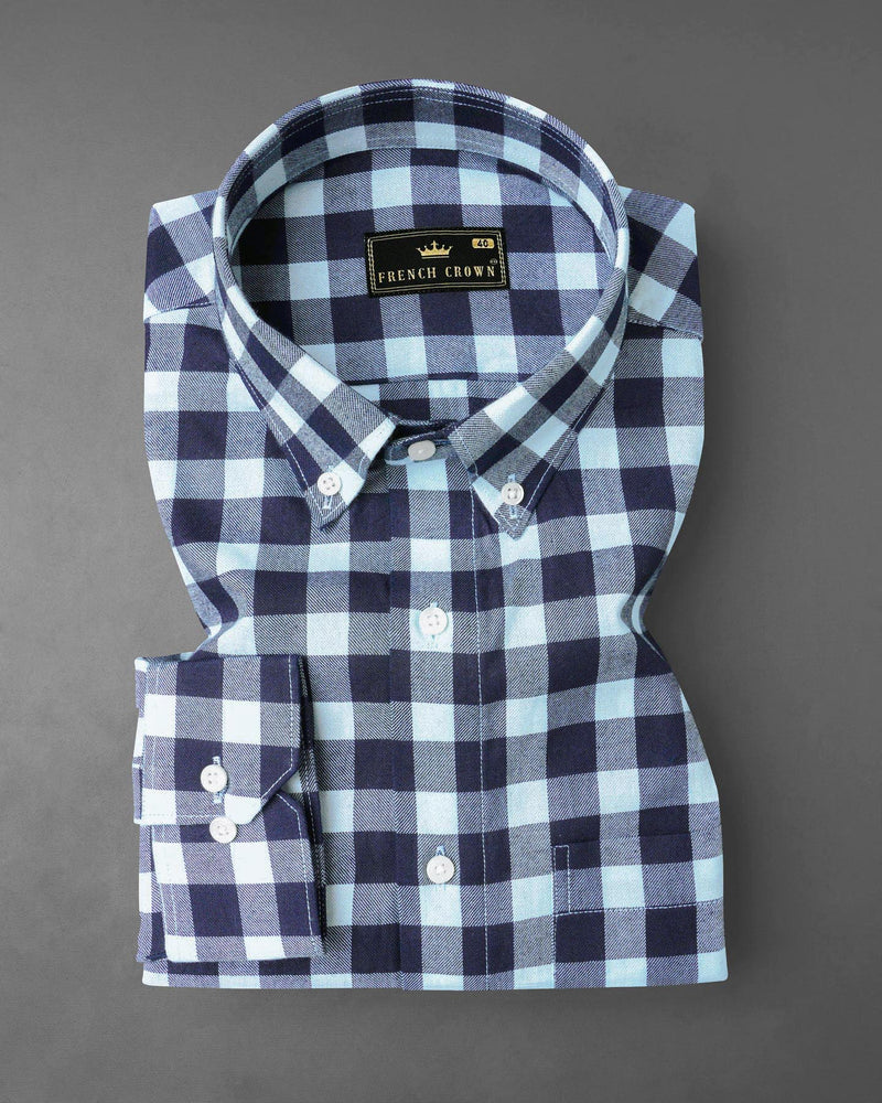 Bright White and Mirage Navy Blue Gingham Twill Premium Cotton Shirt