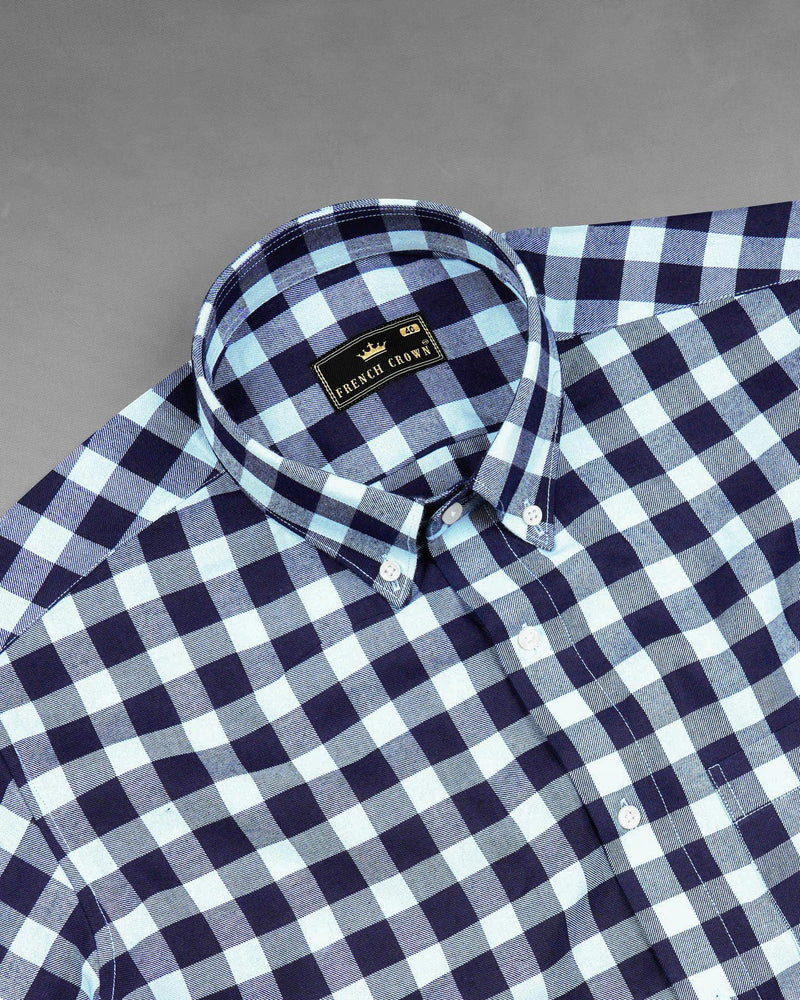 Bright White and Mirage Navy Blue Gingham Twill Premium Cotton Shirt