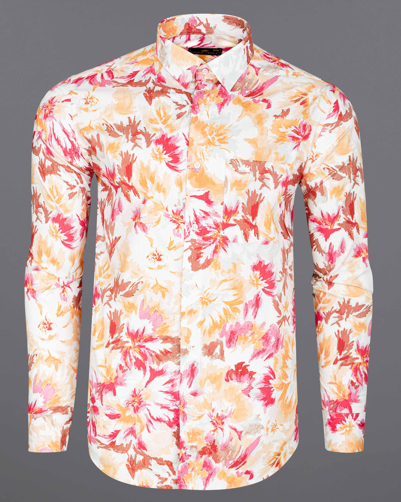 Bright White with Casablanca Yellow and Faded Red Floral Printed Premium Cotton Shirt