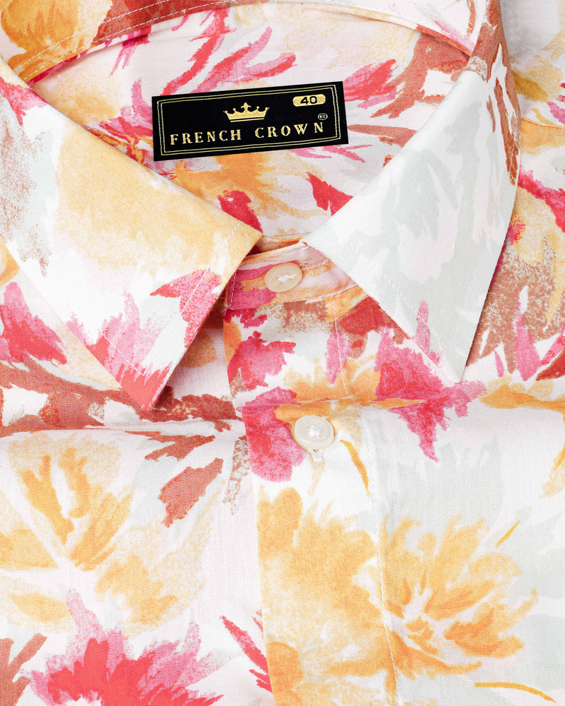 Bright White with Casablanca Yellow and Faded Red Floral Printed Premium Cotton Shirt