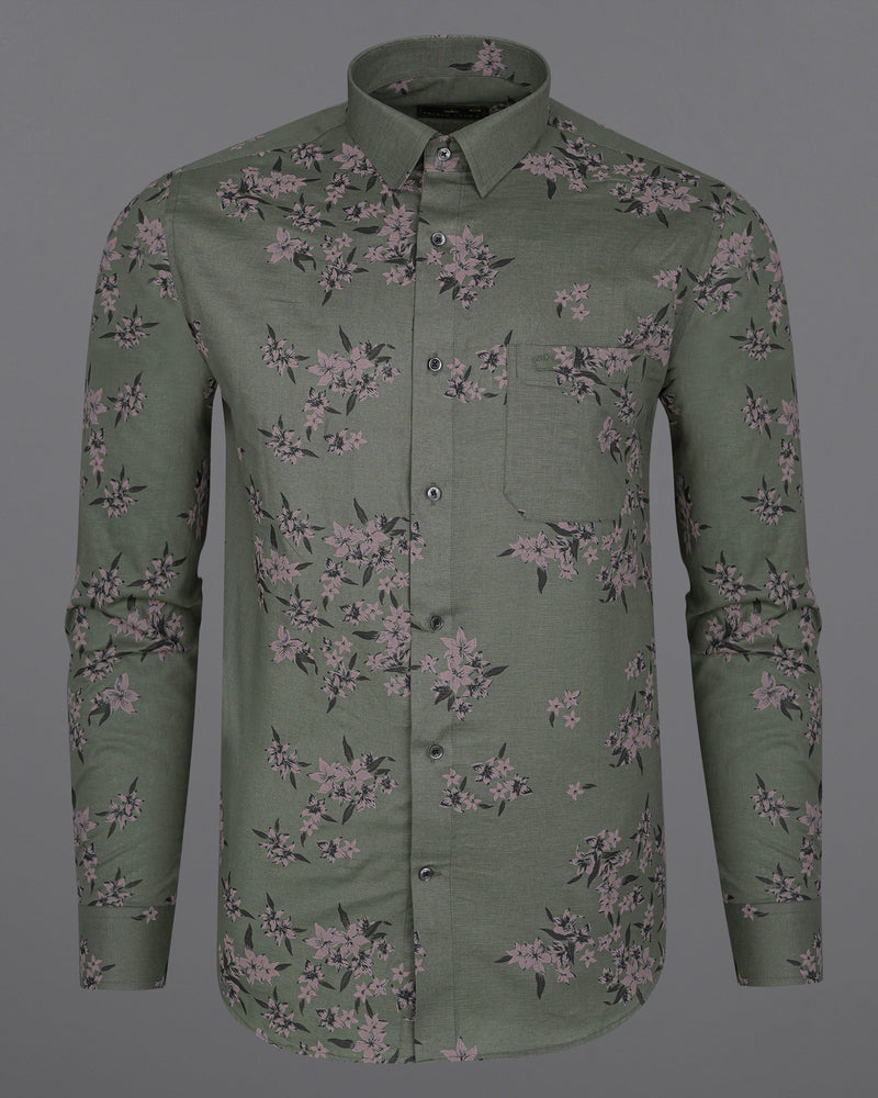 Fuscous Green With Floral Printed Luxurious Linen Shirt