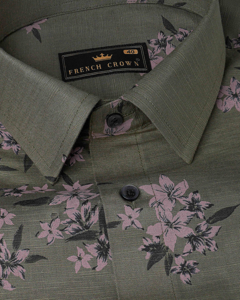 Fuscous Green With Floral Printed Luxurious Linen Shirt