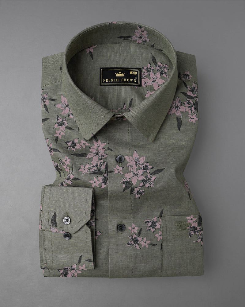 Fuscous Green With Floral Printed Luxurious Linen Shirt