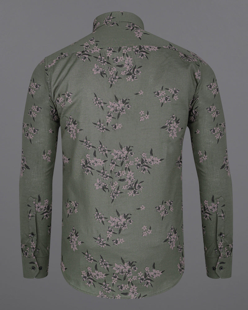 Fuscous Green With Floral Printed Luxurious Linen Shirt