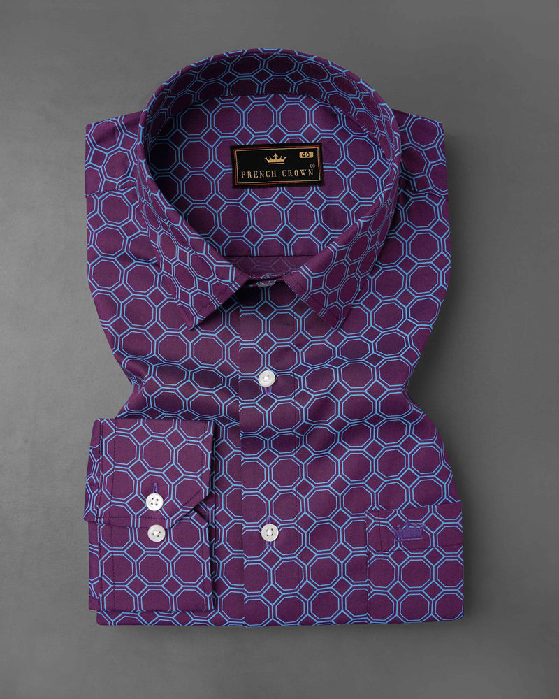 Bossanova Violet with Shakespeare Blue Hexagonal Printed Twill Premium Cotton Shirt 8115-38, 8115-H-38, 8115-39, 8115-H-39, 8115-40, 8115-H-40, 8115-42, 8115-H-42, 8115-44, 8115-H-44, 8115-46, 8115-H-46, 8115-48, 8115-H-48, 8115-50, 8115-H-50, 8115-52, 8115-H-52 