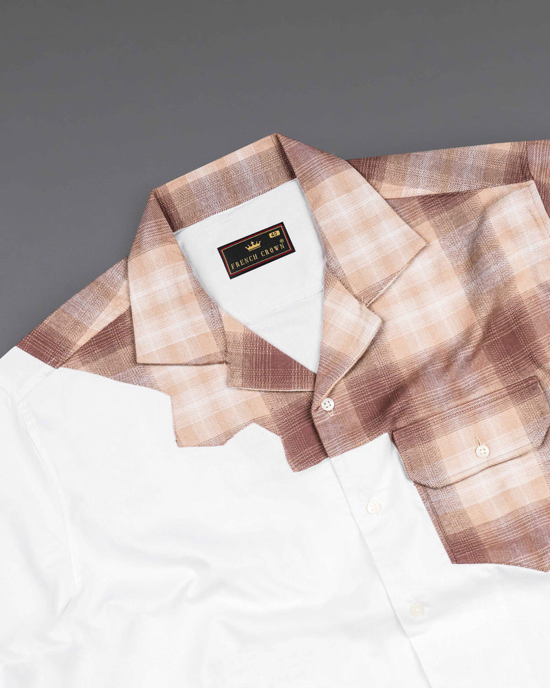 Bright White with Bizarre Brown Checkered Chambray Designer Shirt