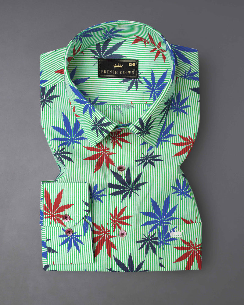 Pastel Green Pin Striped with Leaves Printed Premium Cotton Shirt
