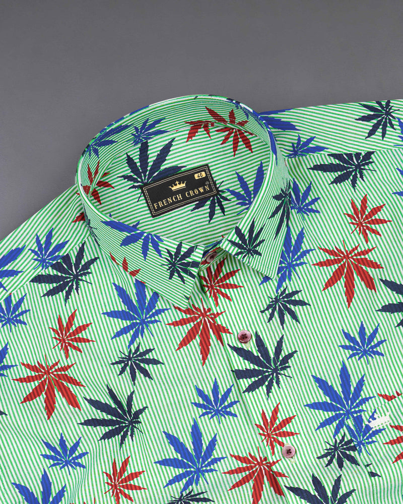 Pastel Green Pin Striped with Leaves Printed Premium Cotton Shirt