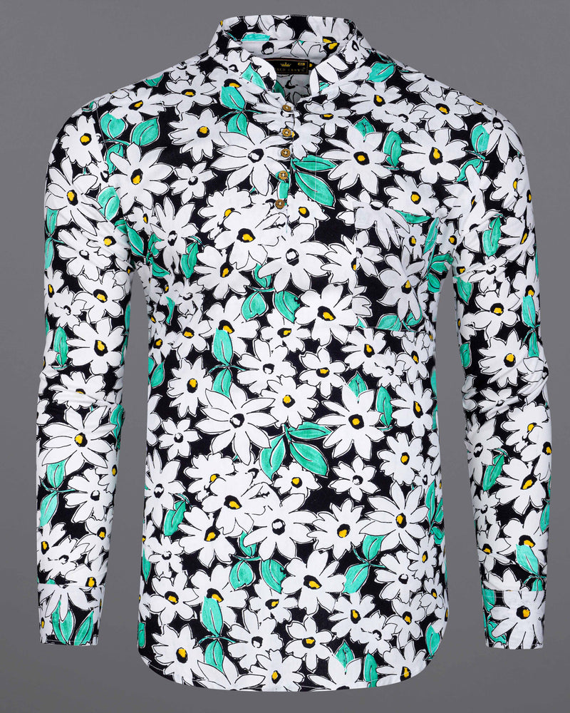 Bright White and Jade Black Floral Printed Premium Tencel Kurta Shirt 8202-KS -38,8202-KS -H-38,8202-KS -39,8202-KS -H-39,8202-KS -40,8202-KS -H-40,8202-KS -42,8202-KS -H-42,8202-KS -44,8202-KS -H-44,8202-KS -46,8202-KS -H-46,8202-KS -48,8202-KS -H-48,8202-KS -50,8202-KS -H-50,8202-KS -52,8202-KS -H-52