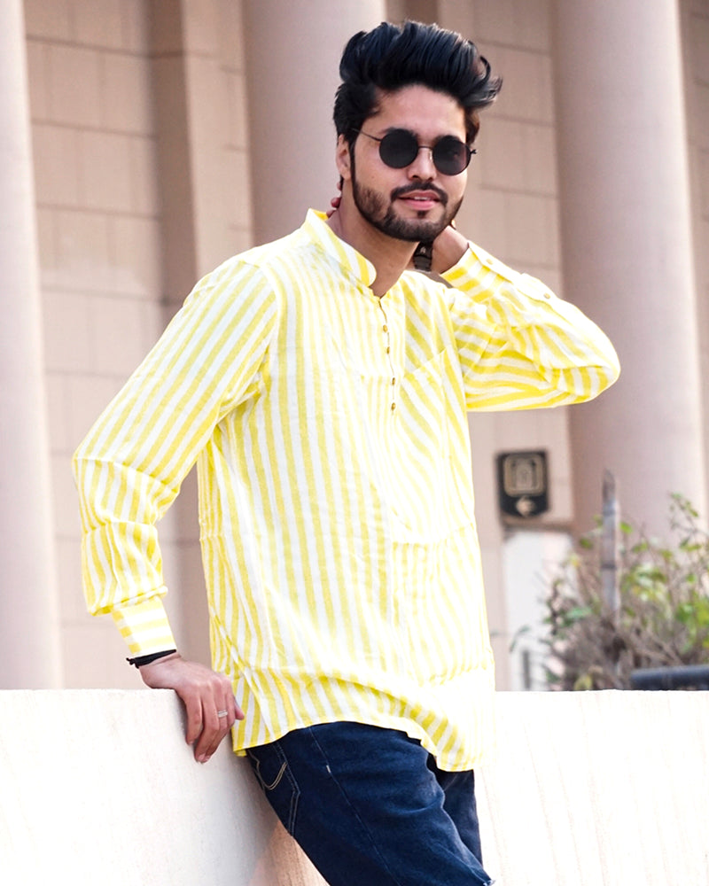 Bright White with Picasso Yellow Striped Premium Tencel Kurta Shirt