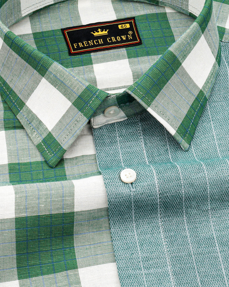 Ziggurat Green Striped with Camarone Green Checkered Luxurious Linen Designer Shirt 8416-P190-38, 8416-P190-H-38, 8416-P190-39,8416-P190-H-39, 8416-P190-40, 8416-P190-H-40, 8416-P190-42, 8416-P190-H-42, 8416-P190-44, 8416-P190-H-44, 8416-P190-46, 8416-P190-H-46, 8416-P190-48, 8416-P190-H-48, 8416-P190-50, 8416-P190-H-50, 8416-P190-52, 8416-P190-H-52