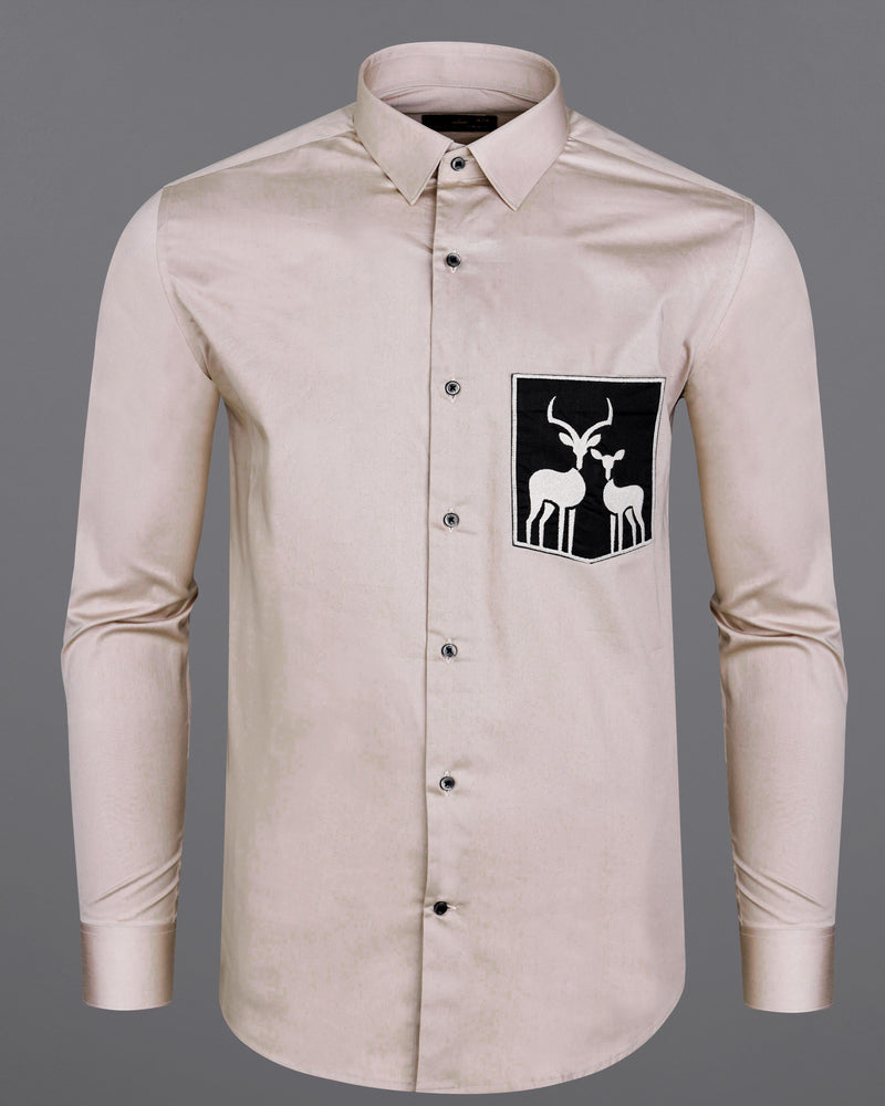 Soft Amber Brown with Black Patch Pocket Deer Embroidered Super Soft Premium Cotton Shirt