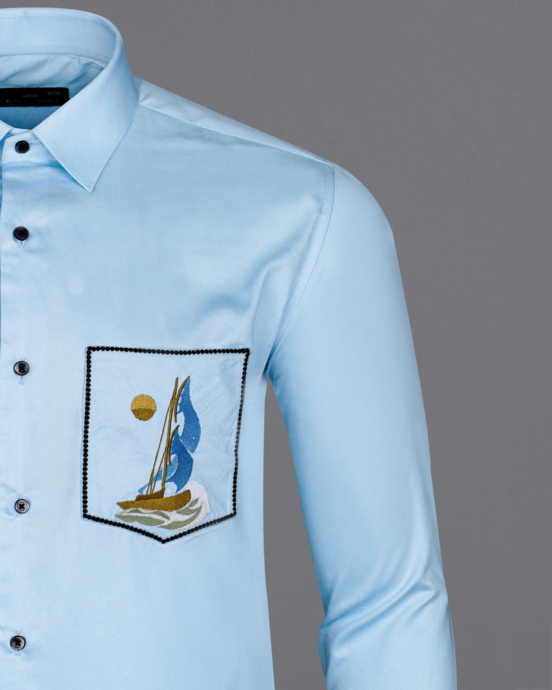 Tropical Aqua Blue with Boat Embroidered Super Soft Premium Cotton Shirt