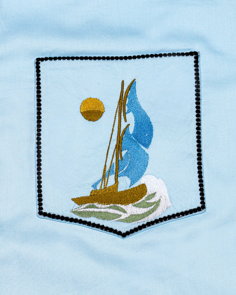 Tropical Aqua Blue with Boat Embroidered Super Soft Premium Cotton Shirt